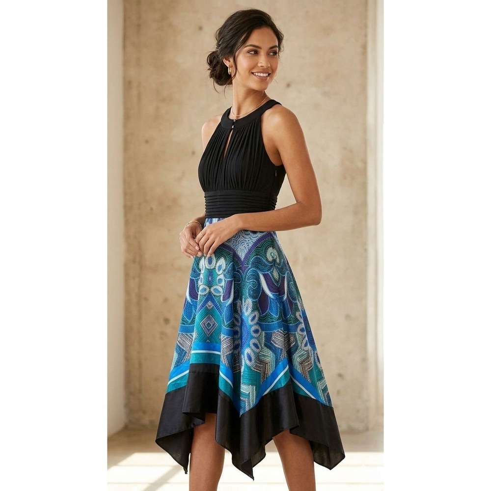 Black Ruched Halter Neck Paisley Print Handkerchief Hem Midi Size 10